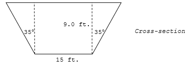  The cross-section of a canal will be a trapezoid  9.0 \mathrm{ft} . deep and  15 \mathrm{ft} . across the bottom, with walls sloping outward at an angle of  35^{\circ} . Calculate its cross-sectional area.    