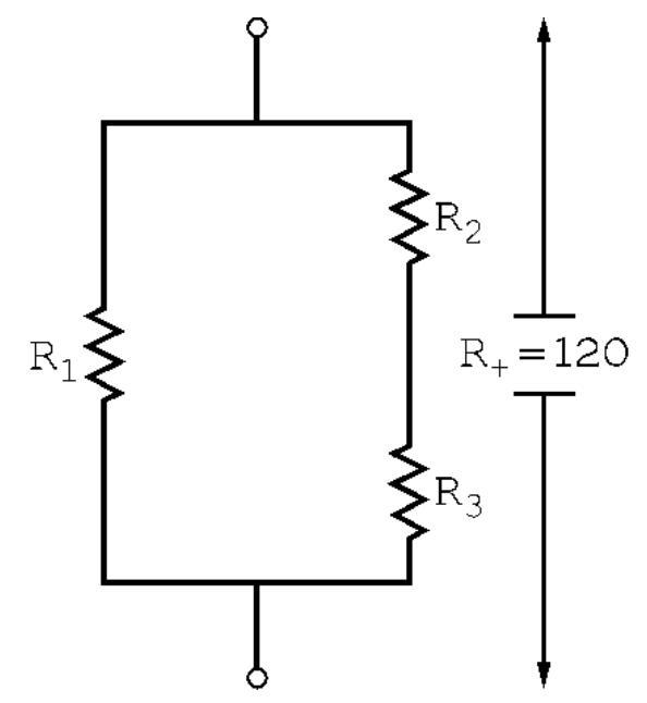 When resistors  R_{a}  and  R_{b}  are in series, the equivalent resistance  R=R_{a}+R_{b} . When resistors  R_{a}  and  R_{b}  are in parallel, the equivalent resistance  R  satisfies  \frac{1}{R}=\frac{1}{R_{a}}+\frac{1}{R_{b}} . In the diagram below,  R_{1}=R_{2}  and  R_{3}=100 \Omega . The equivalent resistance for all three resistors is  120 \Omega . What is the value of  R_{1}  and  R_{2}  ?    