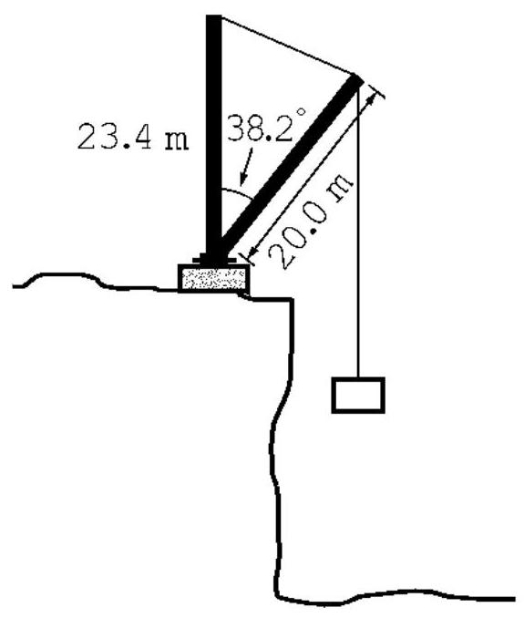  The vertical boom of the quarry crane pictured below is  23.4 \mathrm{~m}  high. The angle that the swinging boom of the crane makes with the vertical boom is  38.2^{\circ}  and the swinging boom is  20.0 \mathrm{~m}  long. How long is the length of cable between the vertical boom and the swinging boom?    
