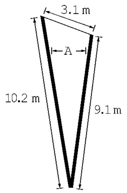  A  10.2 \mathrm{~m}  pole and a  9.1 \mathrm{~m}  pole are attached by a  3.1 \mathrm{~m}  long string. The other ends of the poles are hinged together. What is the angle  A  for which the string is taut?    