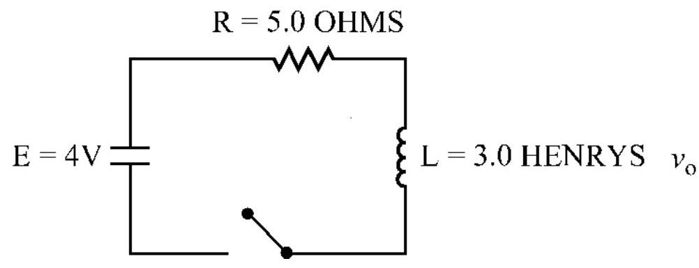  The switch in the figure below is closed at  t=0 . If  E=4 \mathrm{~V}, \mathrm{R}=5.0  ohms, and  L=3.30  henrys, find the current through the inductor at  t=1 \mathrm{~s} .    