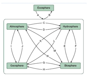   -Analyze the concept map above and consider how this applies to biogeochemical cycles. Which selection is most appropriate for a biosphere to geosphere interaction (letter H on the diagram) . A)  Deforestation B)  Photosynthesis C)  Respiration D)  Coal formation