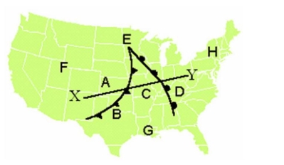 Use the map below to answer this question.    -The map illustrates the relative positions of a warm and cold front. Where is the warm front located? A)  Between A and B B)  Between C and D C)  At E D)  Between C and G