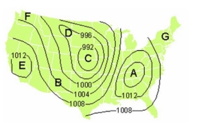 Map interpretation: Pressure and winds. Use the map to answer this question.    -Where is the greatest wind velocity on the map? A)  Between A and G B)  Between C and D C)  Between A and C D)  Between E and F