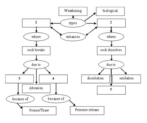   -Complete the following weathering concept map by selecting the correct term for number 1. A)  Hydrolysis B)  Physical C)  Wedging D)  Chemical E)  Unloading