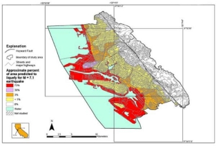 The map below shows the predicted liquefaction probability near Oakland, CA, for a hypothetical magnitude 7.1 earthquake on the Hayward fault. Use it to answer this question.    -Why is the probability of liquefaction highest near the water? A)  Because that is where a tsunami may occur B)  Because that location has saturated, loose material C)  Because that location is farthest from the fault