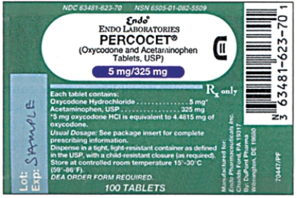 Directions: Use the label to identify the information requested.If more than one answer is necessary,separate your answers with commas. a.Trade name: _______________ b.Generic name: _______________ c.Dosage strength of oxycodone per tablet: _______________ d.Dosage strength of acetaminophen per tablet: _______________ e.Form: _______________ f.What type of label is illustrated here? _______________ g.Controlled drug schedule: ____________