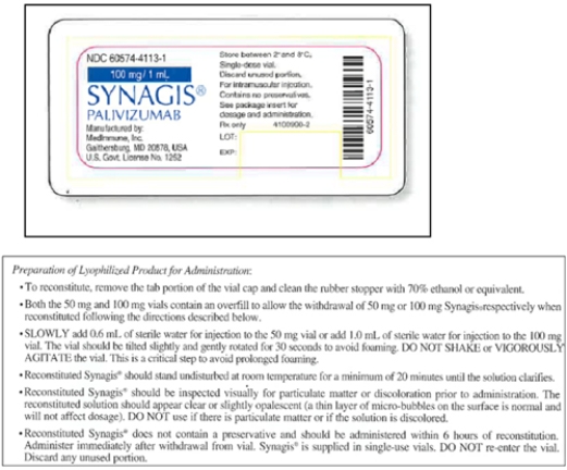 Directions: Use the label (where provided)to obtain the necessary information.Round answers to the nearest tenth where indicated. Order: Synagis 65 mg IM q8h Available: Refer to label and package insert a.What diluent is recommended for reconstitution? ___________ b.How much diluent must be added? ____________ c.What is the dosage strength of the reconstituted solution? ______ d.How many milliliters will you administer? ________ e.How long is the reconstituted solution good for? ___________