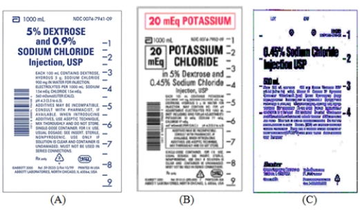 Directions: Identify the letter of the label corresponding to the IV fluid abbreviation. D NS with 20 mEq KCL