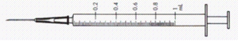 Directions: Calculate the following hourly dosage of heparin (units/hr). Order: Heparin 4,600 units subcut 2 hours before surgery Available: a)How many milliliters will you administer? _______ b)Shade the dosage in on the syringe provided.