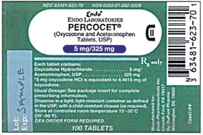 Directions: Use the label to identify the information requested. If more than one answer is necessary, separate your answers with commas.    a. Trade name: _______________ b. Generic name: _______________ c. Dosage strength of oxycodone per tablet: _______________ d. Dosage strength of acetaminophen per tablet: _______________ e. Form: _______________ f. What type of label is illustrated here? _______________ g. Controlled drug schedule: ____________
