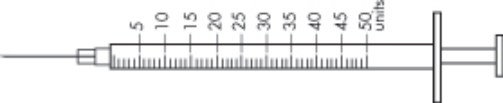 Directions: Refer to the diagram of the syringes provided to answer the following questions. The nurse needs to administer 31 units of Humulin Regular U-100. Indicate the correct syringe the nurse should choose to accurately withdraw the dosage. Shade in the dosage on the syringe. _________ a.     b.   