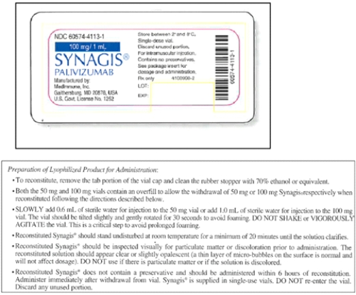 Directions: Use the label (where provided) to obtain the necessary information. Round answers to the nearest tenth where indicated. Order: Synagis 65 mg IM q8h Available: Refer to label and package insert. a. What diluent is recommended for reconstitution? ___________ b. How much diluent must be added? ____________ c. What is the dosage strength of the reconstituted solution? ______ d. How many milliliters will you administer? ________ e. How long is the reconstituted solution good for? ___________