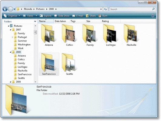   -In the accompanying figure, the 2008 folder is located in the ____ folder. A)  Arizona B)  Pictures C)  Rhonda D)  Multimedia
