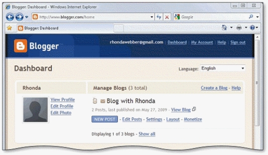   -After creating an account in Blogger and specifying a name and URL for your blog, Blogger displays your ____ page, as shown in the accompanying figure. A)  Manage Blogs B)  Blogger C)  Profile Page D)  Dashboard