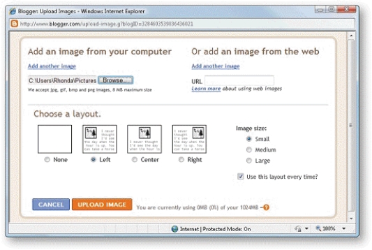   -When posting an image to a blog, as shown in the accompanying figure, the blogging application will usually ____. A)  locate the image in the sidebar B)  resize the image so that it fits within the blog's content area C)  have the image appear at the top of the blog near the logo D)  host the image on a different server, an image server