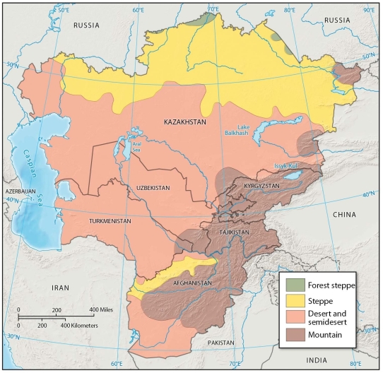   Traveling from south to north through Central Asia, you would encounter moutains, desert, then: A)  rainforest B)  tundra C)  tropical savanna D)  steppe