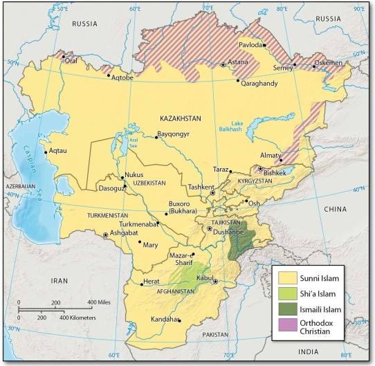   A region dominated by the sect Ismaili Islam is found east of the city of: A)  Astana B)  Bishkek C)  Dushanbe D)  Almaty