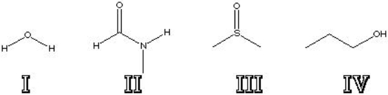 Which of the following is a polar protic solvent?   A)  I B)  II C)  III D)  IV E)  I and IV F)  I, II and IV G)  all of the above