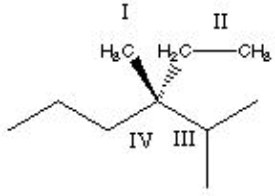 What is the stereochemical designation of the following molecule? (The roman numerals, I-IV are just used to indicate the different attachments NOT to designate priority) .   A)  R B)  S C)  neither