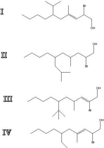Which of the following structures represents 2-bromo-6-isobutyl-4-methyldec-3-en-1-ol?   A)  I B)  II C)  III D)  IV
