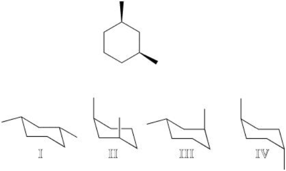 Which represents the chair structure of the following with both groups axial?   A)  I B)  II C)  III D)  IV