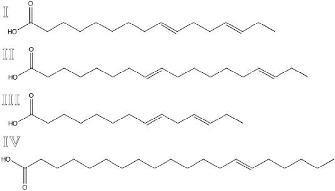 <strong>Which of the following are omega-6 fatty acids? </strong> A) I B) II C) III D) IV E) I and II F) III and IV