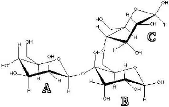 The structure below is a(n)  ___ . Ring A is a(n)  ___ . Ring B is a(n)  ___ . Ring C is a(n)  ___ .   A)  trisaccharide, pentose, furanose, alpha B)  trisaccharide, hexose, pyranose, beta C)  tetrasaccharide, pentose, furanose, alpha D)  disaccharide, hexose, pyranose, beta