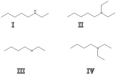 What is the structure of N,N-diethylpentanamine?   A)  I B)  II C)  III D)  IV