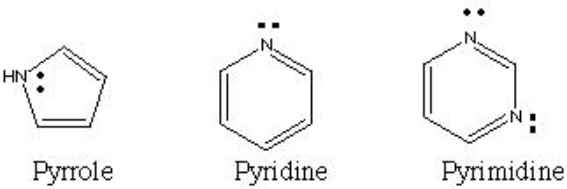 Why does pyrrole have a lower pKa (weaker base)  than pyridine or pyrimidine?   A)  Because pyrrole is smaller and more compact and this prevents its lone pair from reacting as much. B)  Because pyrrole has less carbons and therefore the lone pair is more active. C)  Because pyrrole's lone pair participates in the delocalized electron cloud, while pyridine's and pyrimidine's lone pairs do not. D)  Because pyrimidine has more lone pairs than pyrrole does.