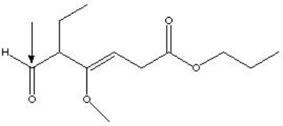 <strong>What functional group is located at the indicated point in the structure below?  </strong> A) Aldehyde B) Ketone C) Ester D) Ether E) Alkyl side chain F) Acid <div style=padding-top: 35px> 