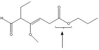 <strong>What functional group is located at the indicated point in the structure below?  </strong> A) Aldehyde B) Ketone C) Ester D) Ether E) Alkyl side chain F) Acid <div style=padding-top: 35px> 
