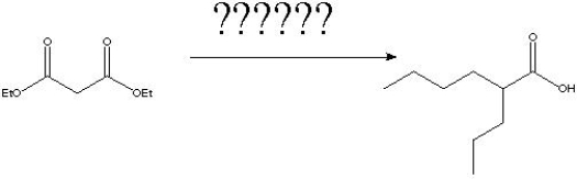 What is the correct order of reagents to achieve the following synthesis?   A)  1)  KNH<sub>2</sub>/NH<sub>3</sub> 2)  Butyl chloride 3)  Propyl iodide 4)  OH<sup>-</sup>, H<sub>2</sub>O 5)  H<sub>3</sub>O<sup>+</sup> 6)  heat B)  1)  NaOEt/EtOH 2)  Butyl chloride 3)  Potassium tert-butoxide 4)  Propyl iodide 5)  OH<sup>-</sup>, H<sub>2</sub>O 6)  H<sub>3</sub>O+ C)  1)  NaOEt/EtOH 2)  Butyl chloride 3)  NaOEt/EtOH 4)  Propyl iodide 5)  OH<sup>-</sup>, H<sub>2</sub>O 6)  H<sub>3</sub>O<sup>+</sup> D)  1)  NaOEt/EtOH 2)  Potassium tert-butoxide 3)  Butyl chloride 4)  Propyl iodide 5)  OH<sup>-</sup>, H<sub>2</sub>O 6)  H<sub>3</sub>O<sup>+</sup>