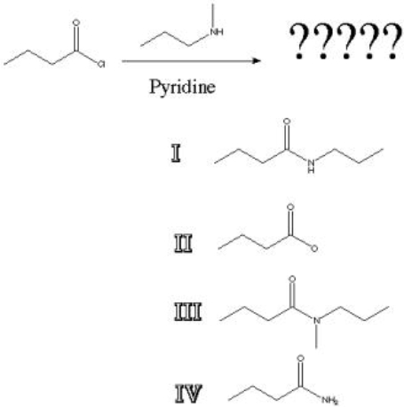 <strong>What is the product of the following reaction?  </strong> A) I B) II C) III D) IV <div style=padding-top: 35px> 