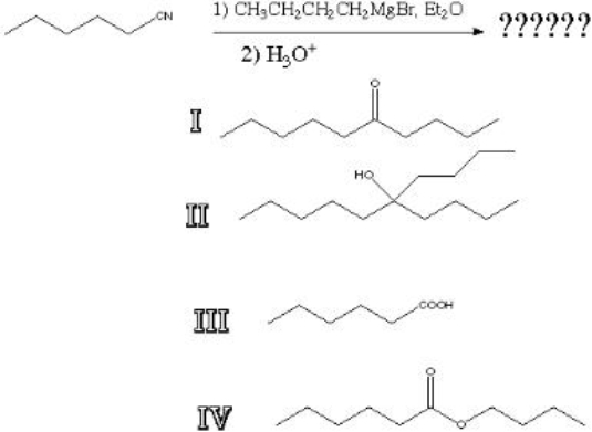 <strong>What is the product of the following reaction?  </strong> A) I B) II C) III D) IV <div style=padding-top: 35px> 