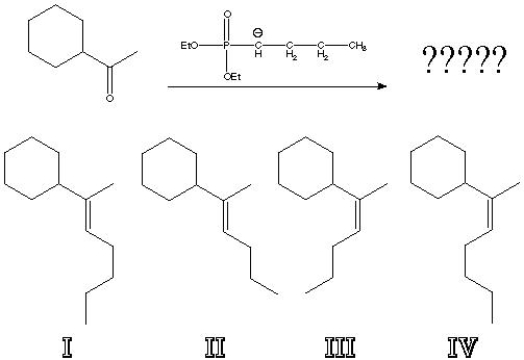 <strong>What is the product of the following reaction?  </strong> A) I B) II C) III D) IV <div style=padding-top: 35px> 