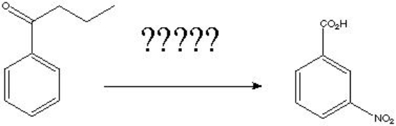 What is the correct order of reagents to achieve the following synthesis?   A)  1)  HNO<sub>3</sub>/H<sub>2</sub>SO<sub>4</sub> 2)  Zn(Hg) , HCl reflux 3)  KMnO<sub>4</sub>, OH<sup>-</sup>, heat 4)  H<sup>+</sup> B)  1)  KMnO<sub>4</sub>, OH<sup>-</sup>, heat 2)  H<sup>+</sup>2)  HNO<sub>3</sub>/H<sub>2</sub>SO<sub>4</sub> C)  1)  LiAlH<sub>4</sub> 2)  H<sup>+</sup> 3)  NaH, Ts-Cl 3)  Sodium Methoxide, methanol 5)  KMnO<sub>4</sub>, OH<sup>-</sup>, heat 6)  H<sup>+</sup>2)  HNO<sub>3</sub>/H<sub>2</sub>SO<sub>4</sub> D)  all of the above