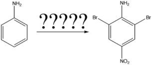 What is the correct order of reagents to achieve the following synthesis?   A)  1)  Br<sub>2</sub>/FeBr<sub>3</sub> (twice)  2)  HNO<sub>3</sub>/H<sub>2</sub>SO<sub>4</sub> B)  1)  CH<sub>3</sub>COCl, NaOH 2)  H<sub>2</sub>SO<sub>4</sub>(conc.)  3)  Br<sub>2</sub>/FeBr<sub>3</sub> (twice)  4)  H<sub>2</sub>SO<sub>4</sub>, H<sub>2</sub>O, heat 5)  OH<sup>-</sup> 6)  HNO<sub>3</sub>/H<sub>2</sub>SO<sub>4</sub> C)  1)  CH<sub>3</sub>COCl, NaOH 2)  Br<sub>2</sub>/FeBr<sub>3</sub> (twice)  3)  H<sub>2</sub>SO<sub>4</sub>(conc.)  4)  HNO<sub>3</sub>/H<sub>2</sub>SO<sub>4</sub>5)  H<sub>2</sub>SO<sub>4</sub>, H<sub>2</sub>O, heat 6)  OH<sup>-</sup> D)  1)  CH<sub>3</sub>COCl, NaOH 2)  Br<sub>2</sub>/FeBr<sub>3</sub> (twice)  3)  HNO<sub>3</sub>/H<sub>2</sub>SO<sub>4</sub>