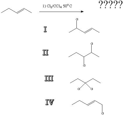 <strong>What is the product of the following reaction? </strong> A) I B) II C) III D) IV E) I and IV F) II and III