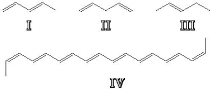 <strong>Which of the following has the highest UV absorbance? </strong> A) I B) II C) III D) IV