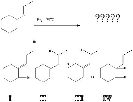 <strong>What is the product of the following reaction? </strong> A) I B) II C) III D) IV E) II and IV F) I and III