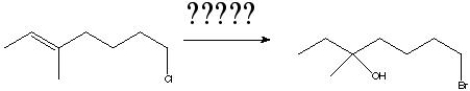 What is the correct order of reagents needed for the following reaction?   A)  1)  Hg(OAc) <sub>2</sub>, THF:H<sub>2</sub>O 2)  NaBH<sub>4</sub>, OH<sup>-</sup>3)  TBDMS-Cl, imidazole, DMF 4)  Potassium tert-butoxide 5)  HBr/H<sub>2</sub>O<sub>2</sub> 6)  TBAF/THF B)  1)  Potassium tert-butoxide 2)  1 eq. HBr/H<sub>2</sub>O<sub>2</sub> 3)  Hg(OAc) <sub>2</sub>, THF:H<sub>2</sub>O 4)  NaBH<sub>4</sub>, OH<sup>-</sup>(assume that terminalalkenes react in preference to internal alkenes)  C)  1)  Hg(OAc) <sub>2</sub>, THF:H<sub>2</sub>O 2)  NaBH<sub>4</sub>, OH<sup>-</sup> 3)  TBDMS-Cl, imidazole, DMF 4)  Potassium tert-butoxide 5)  BH<sub>3</sub>:THF 6 <sub>)  H</sub><sub>2</sub><sub>O</sub><sub>2</sub><sub>, OH</sub>- <sub>7) PBr</sub><sub>3</sub> <sub>8)  TBAF/THF</sub>  D)  all of the above