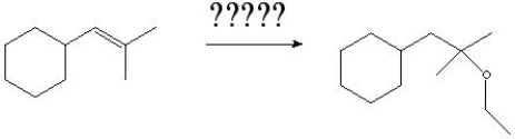 What is the correct order of reagents needed for the following reaction?   A)  1)  Hg(OAc) <sub>2</sub>, THF:H<sub>2</sub>O 2)  NaBH<sub>4</sub>, OH<sup>-</sup> B)  1)  BH<sub>3</sub>:THF 2)  H<sub>2</sub>O<sub>2</sub>, OH<sup>-</sup> C)  1)  Hg(O<sub>2</sub>CCF<sub>3</sub>) <sub>2</sub>, THF:CH<sub>3</sub>CH<sub>2</sub>OH 2)  NaBH<sub>4</sub>, OH<sup>-</sup> D)  1)  MMPP 2)  H<sup>+</sup> 3)  NaH 4)  Ethyl iodide