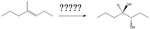 What is the correct order of reagents needed for the following reaction?   A)  KMnO<sub>4</sub>, OH<sup>-</sup>, H<sub>2</sub>O, cold B)  1)  OsO<sub>4</sub>, pyridine 2)  NaHSO<sub>3</sub>, H<sub>2</sub>O C)  1)  MMPP 2)  H<sub>3</sub>O<sup>+</sup> D)  all of the above E)  none of the above