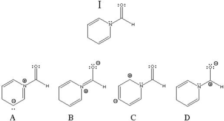 Which of the following are correct resonance structures of structure I?   A)  A and B B)  B, C and D C)  A, B and D D)  all of them E)  none of them