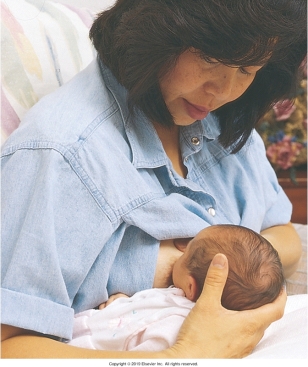 The nurse is teaching a postpartum patient different holds for breastfeeding. Which of the following figures depicts the football hold frequently used for patients who have had a cesarean birth? A)    B)    C)    D)   