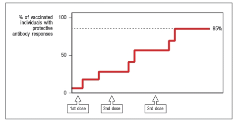 Synthesis question: Several vaccines against viral infections are made by isolating purified surface proteins of the viral particle, mixing them with an adjuvant to stimulate an innate immune response, and injecting the mixture into people. Two examples of this are the vaccine against Hepatitis B virus, and the vaccine against Human Papilloma Virus (the 'cervical cancer' vaccine). One interesting property of vaccines of this type (known as 'subunit vaccines') is that there is a requirement for a CD4 T cell response to the vaccine antigen in order to generate antibodies to the innocuous protein in the vaccine. In the case of the Hepatitis B vaccine, the viral protein included in the vaccine is the Hepatitis B surface antigen (HepB-SAg), a protein that is approximately 200 amino acids in length. The graph in Figure shows the data from immunizing individuals with this vaccine, and monitoring their production of protective antibody responses to the viral protein. a) What results would be predicted if experiments were performed to examine the CD4 T cell responses to the HepB-SAg in these same individuals? In particular, indicate whether all individuals would show similar responses. Explain your reasoning. b) Most vaccines, particularly those made by immunizing individuals with purified pathogen components, are designed to elicit robust antibody responses to the immunizing antigens. For vaccines against viral infections (like the HepB vaccine), the immune responses generated are only protective when administered prophylactically, i.e., before the individual is ever exposed to the pathogen. Why is it essential to vaccinate against viral infections before the individual is ever exposed to the virus?