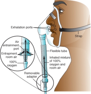 The nurse assesses the client using the device pictured below to deliver 50% O<sub>2</sub>:   The nurse finds the mask fits snugly,the skin under the mask and straps is intact,and the flow rate of the oxygen is 3 L/min.What action by the nurse is best? A)  Assess the client's oxygen saturation. B)  Document these findings in the chart. C)  Immediately increase the flow rate. D)  Turn the flow rate down to 2 L/min.
