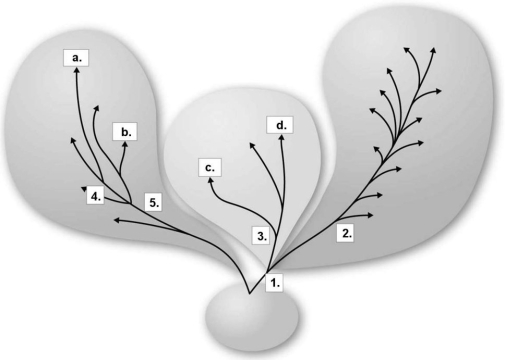 Figure 10.1    -In Figure 10.1, the closest ancestor for both species ʺa.ʺ and species ʺb.ʺ would be which of the following? A)  1 B)  2 C)  3 D)  4 E)  5