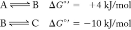  Calculate the net  \Delta G \degree <sup>'</sup> <sup> </sup>for the following series of reactions:   A)  14 kJ/mol B)  -6 kJ/mol C)  6 kJ/mol D)  0 kJ/mol 